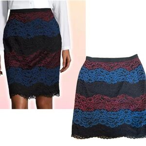 Karl Lagerfeld Burgundy red blue black striped lace pencil skirt Sz 8